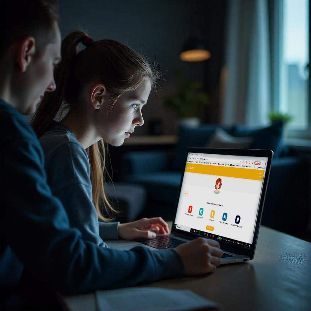 Mädchen arbeitet mit Unterstützung eines Erwachsenen konzentriert an einem Laptop, auf dem die Benutzeroberfläche von TalentLoop geöffnet ist - ein Beispiel für digitale Laufbahnberatung in der Praxis. (Laufbahnberatung)