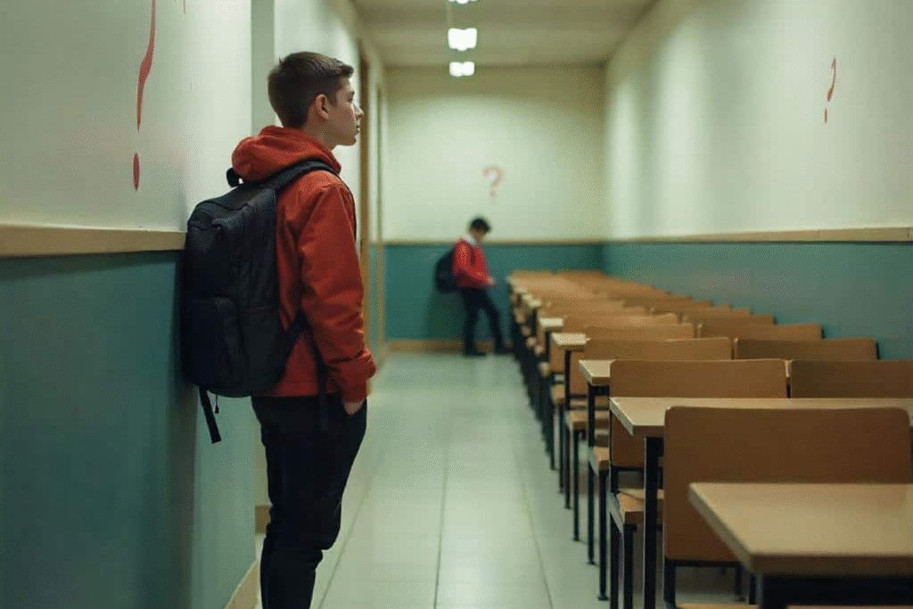 Junge steht nachdenklich in einem Schulflur mit leeren Tischen, Fragezeichen sind an den Wänden sichtbar.