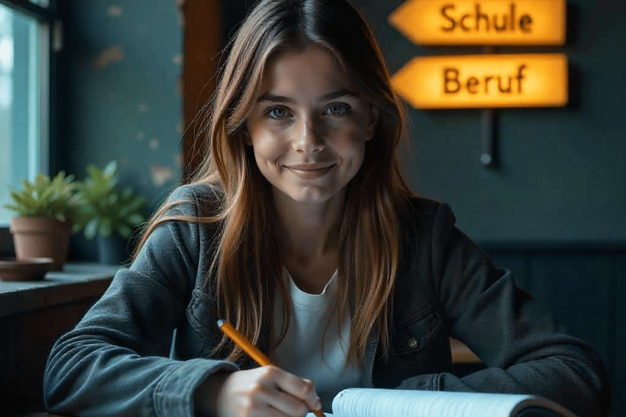 Junge Frau sitzt schreibend an einem Tisch, im Hintergrund leuchten Wegweiser mit den Aufschriften „Lehre“, „Schule“ und „Beruf“.